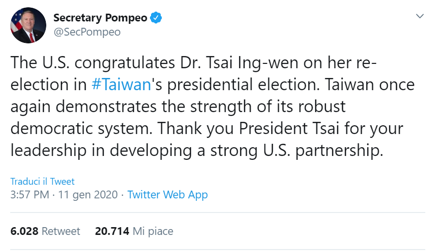 Tweet del Segratario di Stato statunitense Pompeo che si congratula per la vittoria di Tsai Ing-wen a Taiwan.