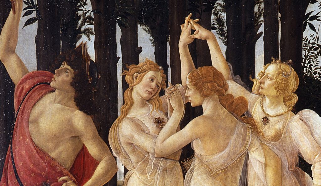 Sandro Botticelli, Primavera (part. Ninfa centrale con criptoritratto di Simonetta Vespucci che guarda Mercurio col volto di Giuliano de' Medici), 1478-1482, Galleria degli Uffizi, Firenze