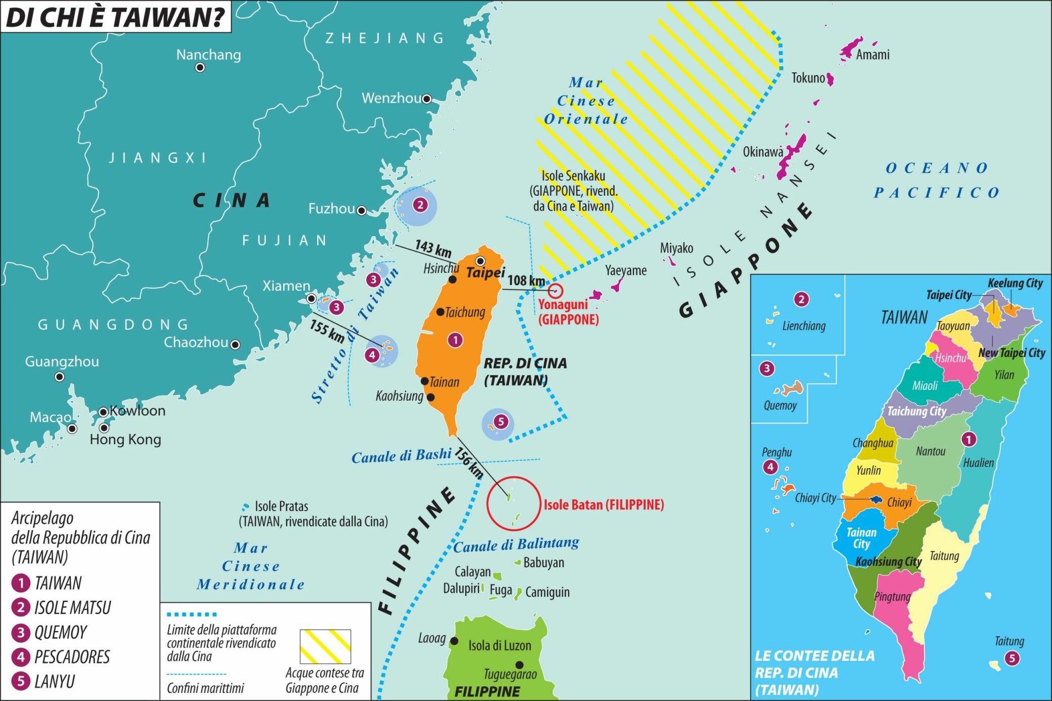 Cartina politica, che mostra i territori della cosiddetta "Repubblica di Cina" (Taiwan).